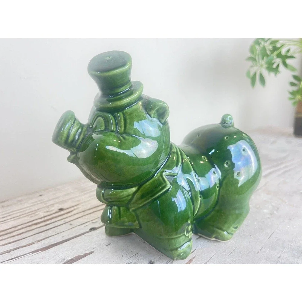 Vintage Rare MCM Green Glazed Piggy Toothpick Appetizer Stick Pin Holder Figure